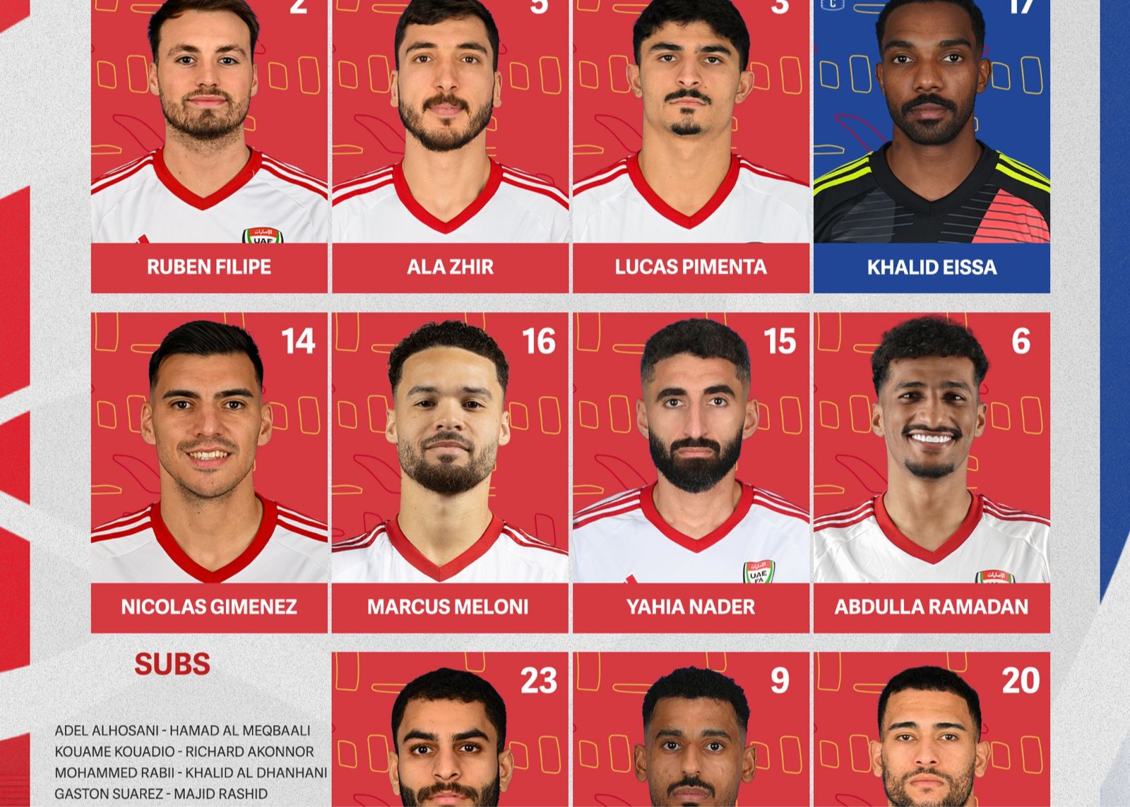 阿聯酋vs伊拉克：阿迪爾、蘇海爾先發，埃爾哈馬迪出戰